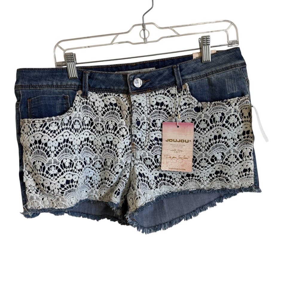 JouJou Denim‎ Shorts Size 15 Blue White Lace Detail Frayed Hem Casual